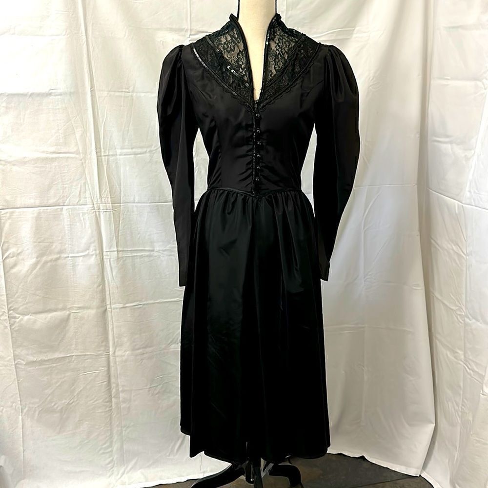 Vintage Gunne Sax black satin midi dress/ gothic party dress/ lace.